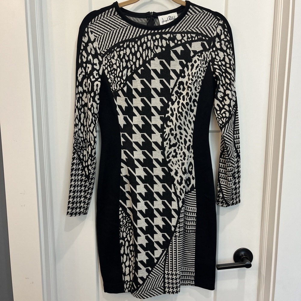 Joseph Ribkoff US Size 6 Mixed Pattern Cheetah Plaid Black Cream Fitted Dress